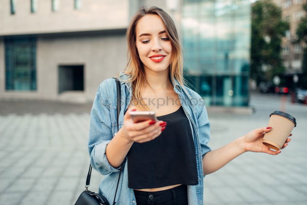 Similar – Image, Stock Photo Blonde young woman chatting outdoors