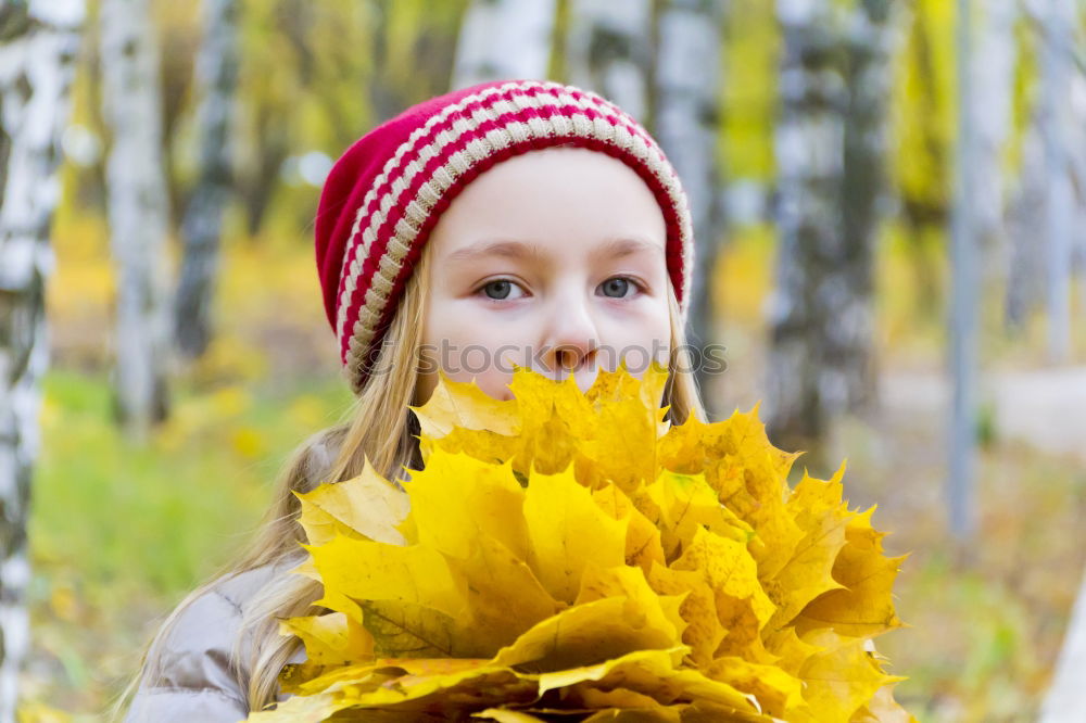 Image, Stock Photo Girl with bouquet from sheets in autumn