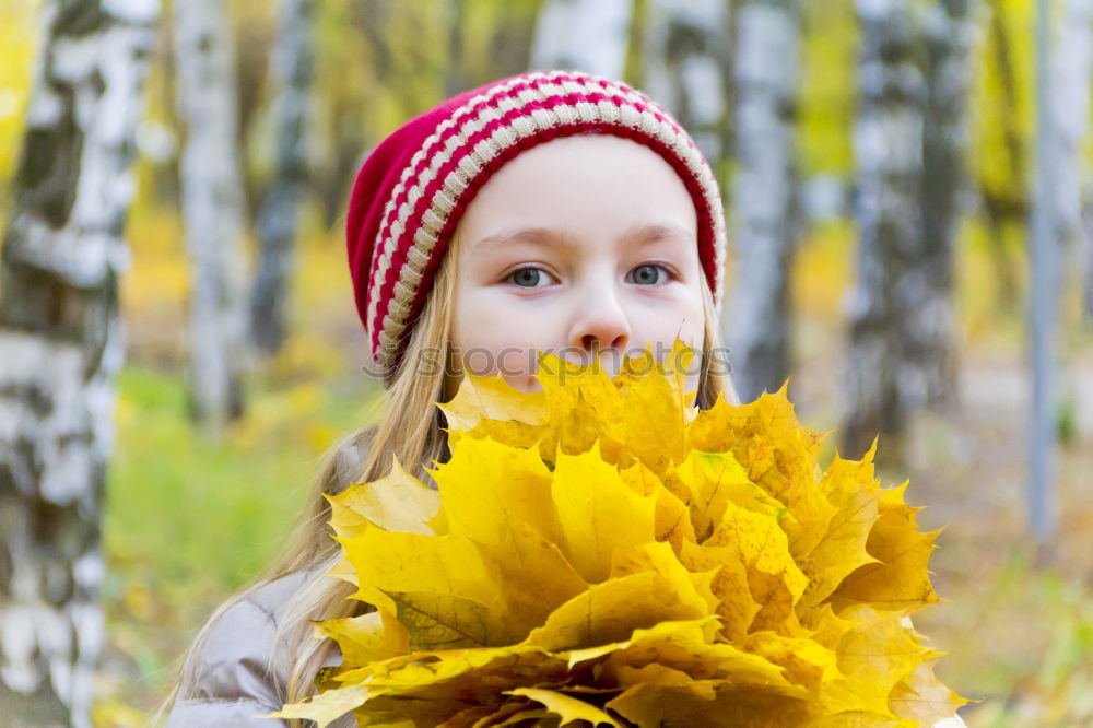 Similar – Image, Stock Photo Girl with bouquet from sheets in autumn