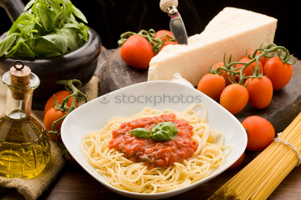 Similar – Image, Stock Photo Spaghetti pasta with tomato sauce, basil and cheese