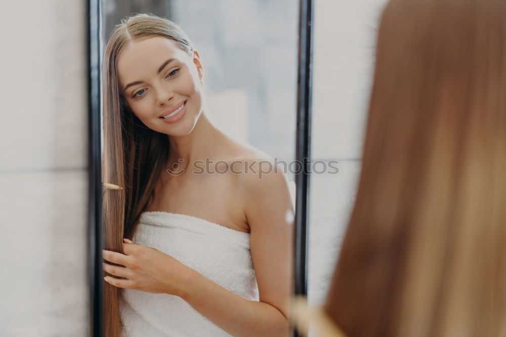 Similar – Happpy Young caucasian women brushing her teeth