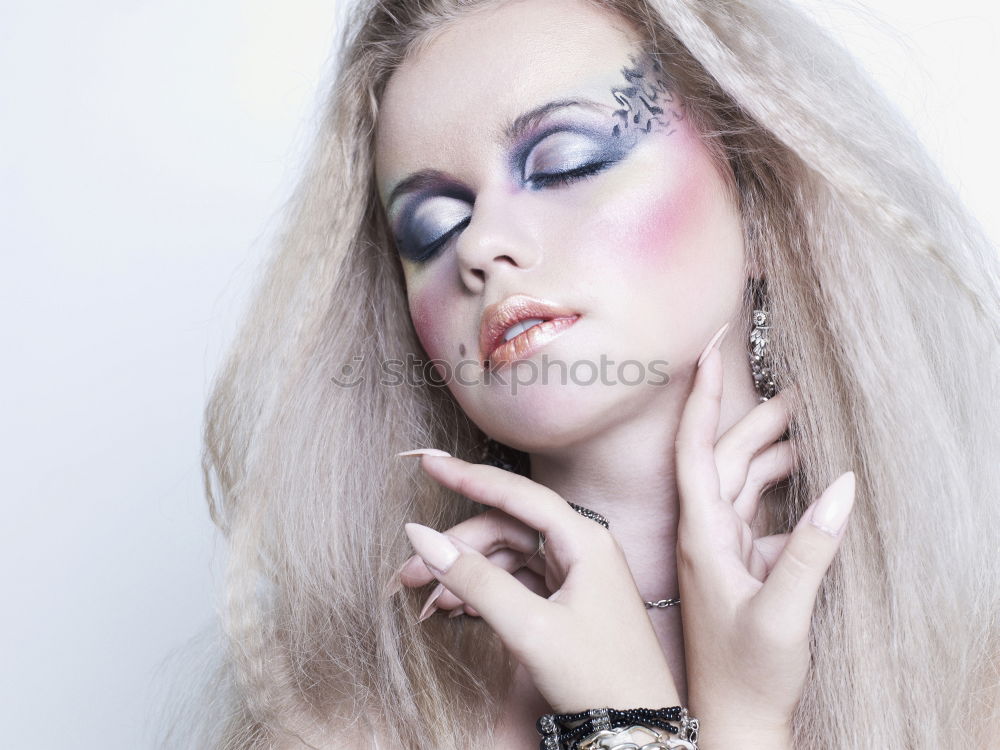 blonde woman with red makeup