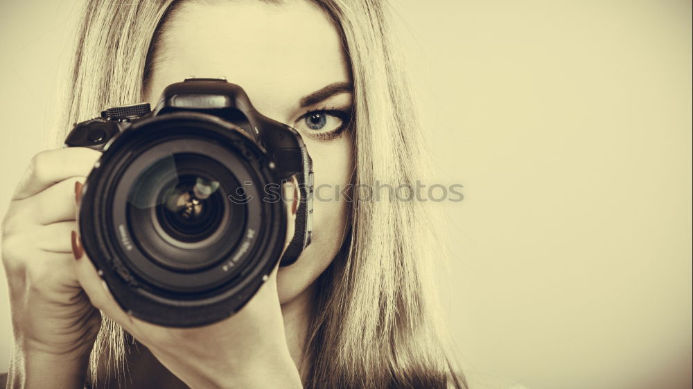 Similar – Image, Stock Photo Smiling girl with camera in the field