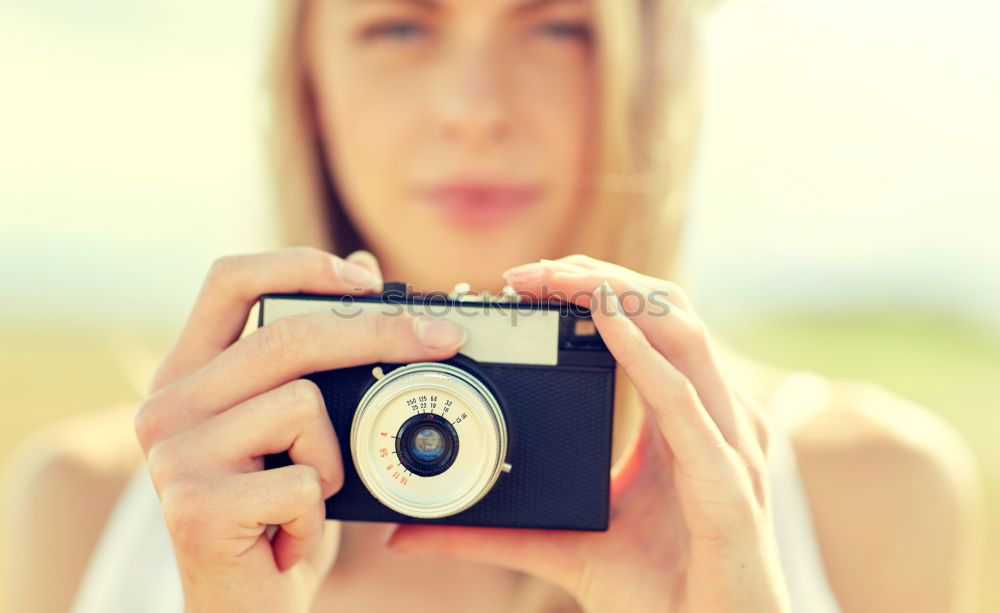 Similar – Image, Stock Photo Smiling girl with camera in the field