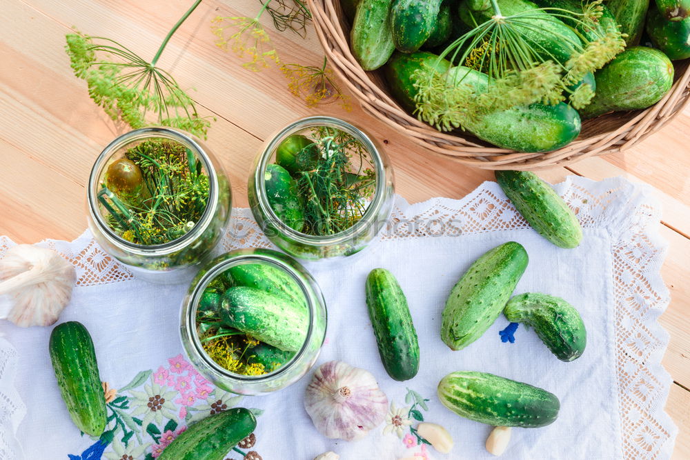 Pickling cucumbers with home garden vegetables and herbs