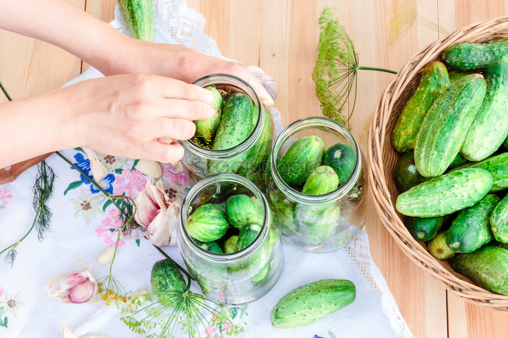 Pickling cucumbers with home garden vegetables and herbs