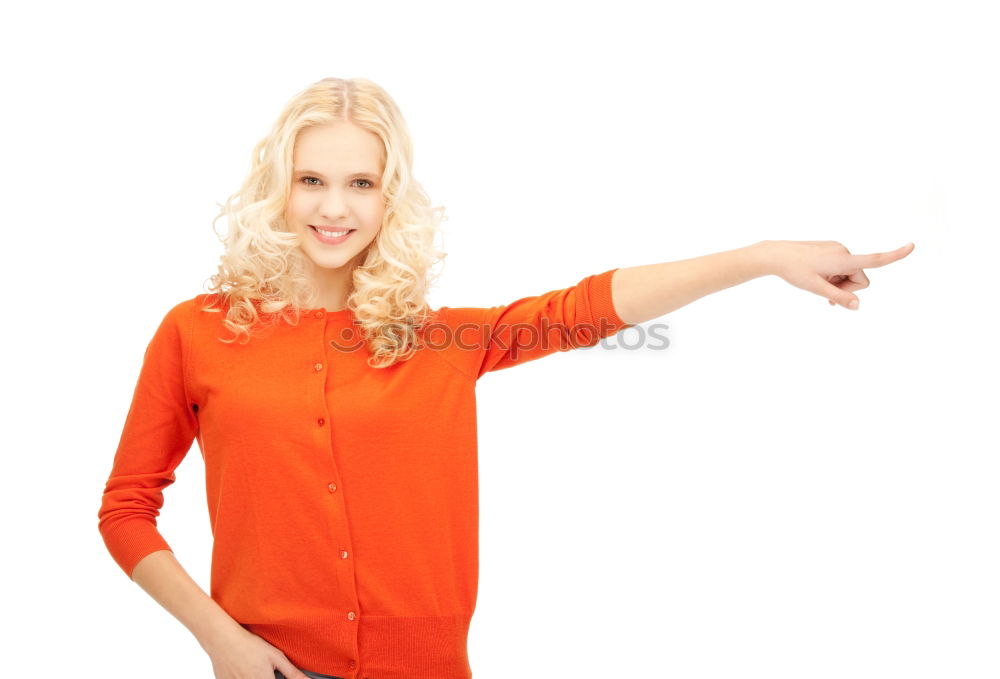 Similar – Smiling blonde girl with red shirt enjoying life outdoors.