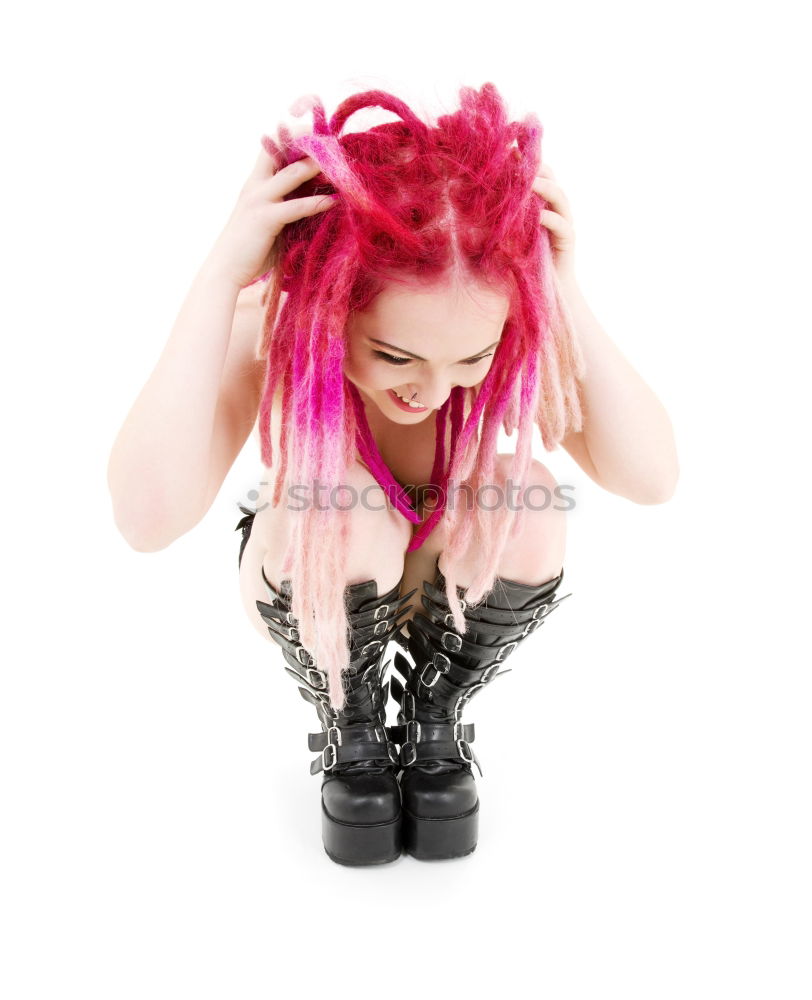 Similar – Image, Stock Photo young, leggy woman with pink hair stands on high heels in front of a white