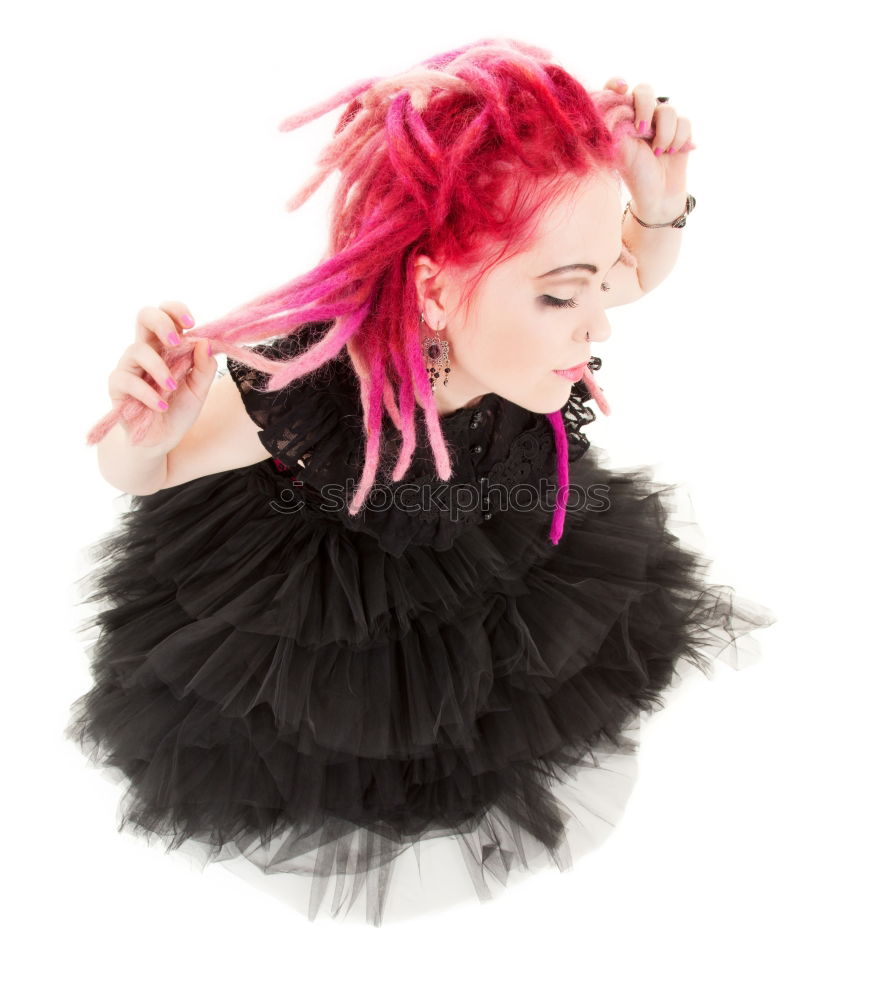 Similar – Image, Stock Photo young, leggy woman with pink hair stands on high heels in front of a white