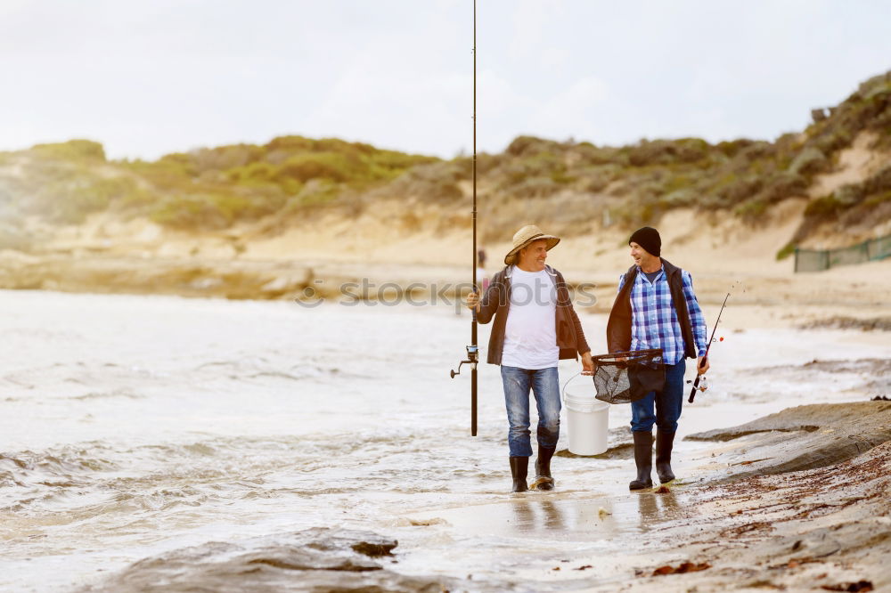 Similar – Image, Stock Photo Smiling young woman and man sitting on a pier over the sea