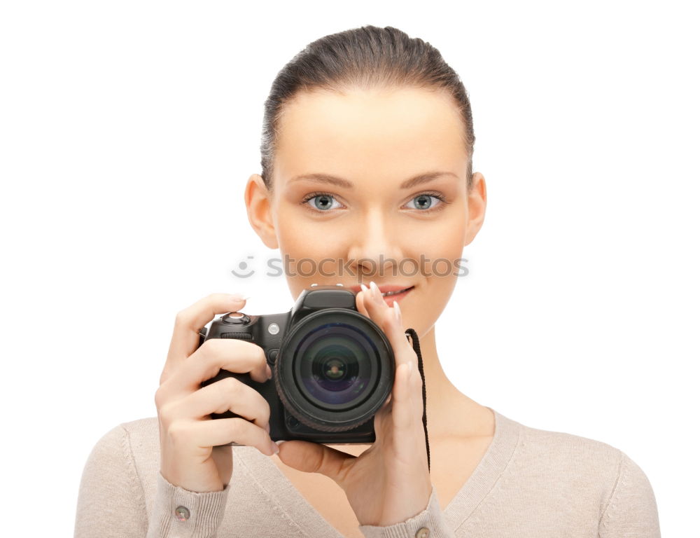 Similar – close up portrait of a young woman holding a camera. Photography concept