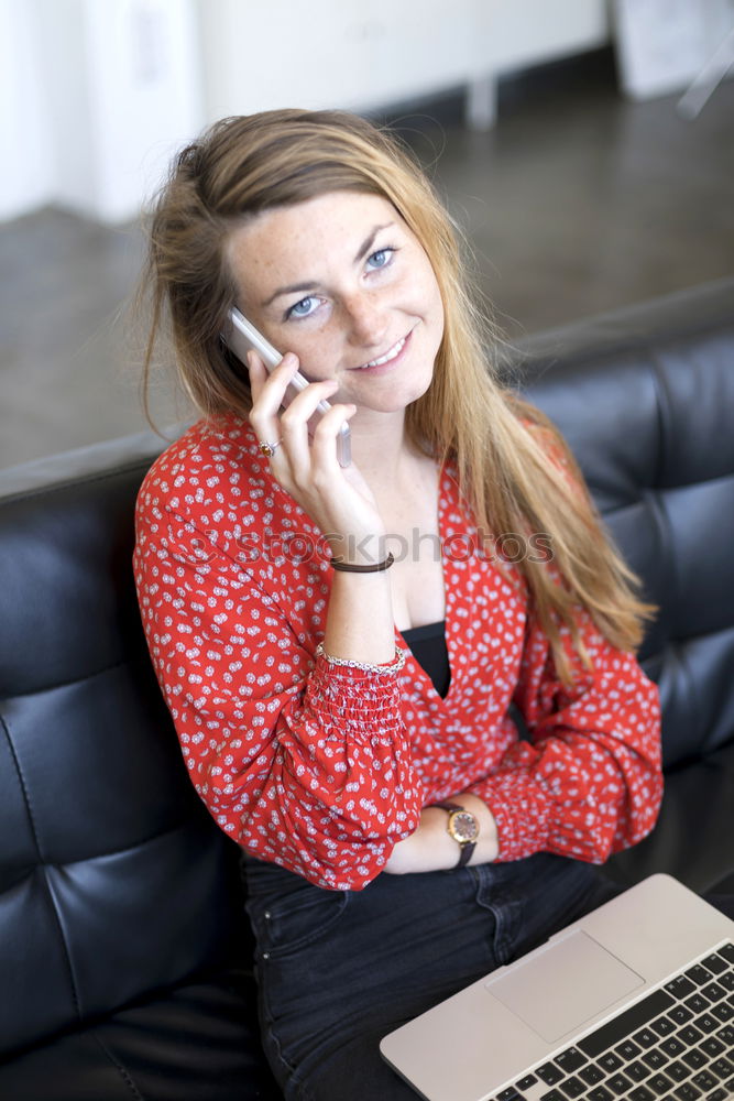 Similar – Image, Stock Photo Blonde girl using a smartphone while sitting on leather sofa