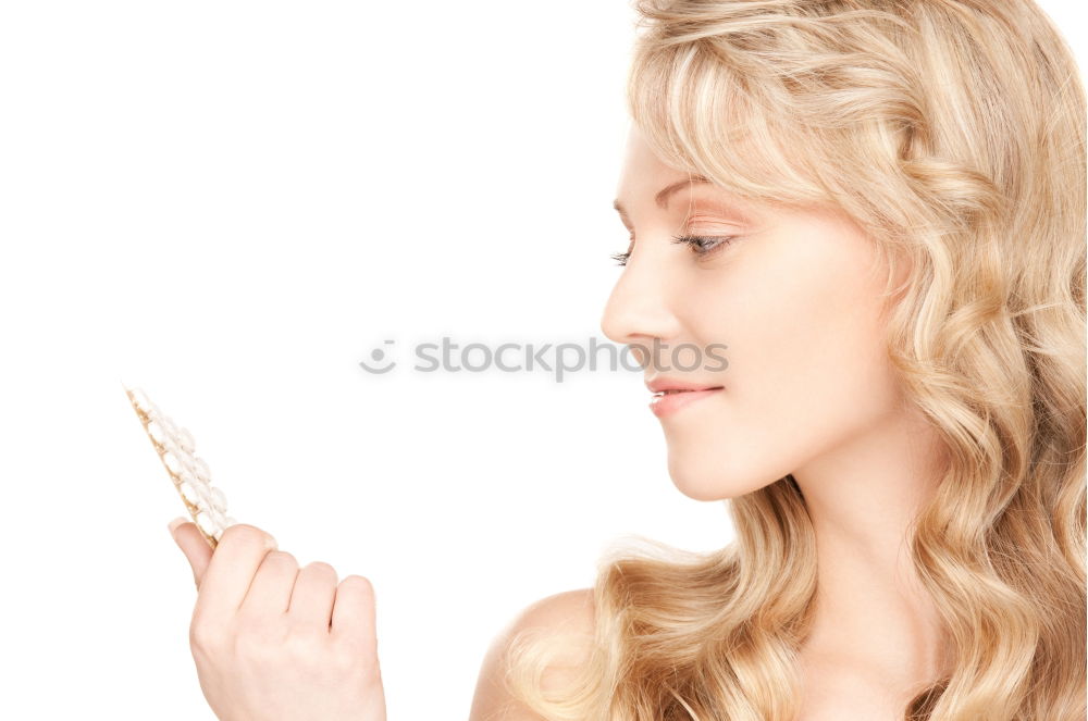 Image, Stock Photo Young smiling blond woman leaning againt wall