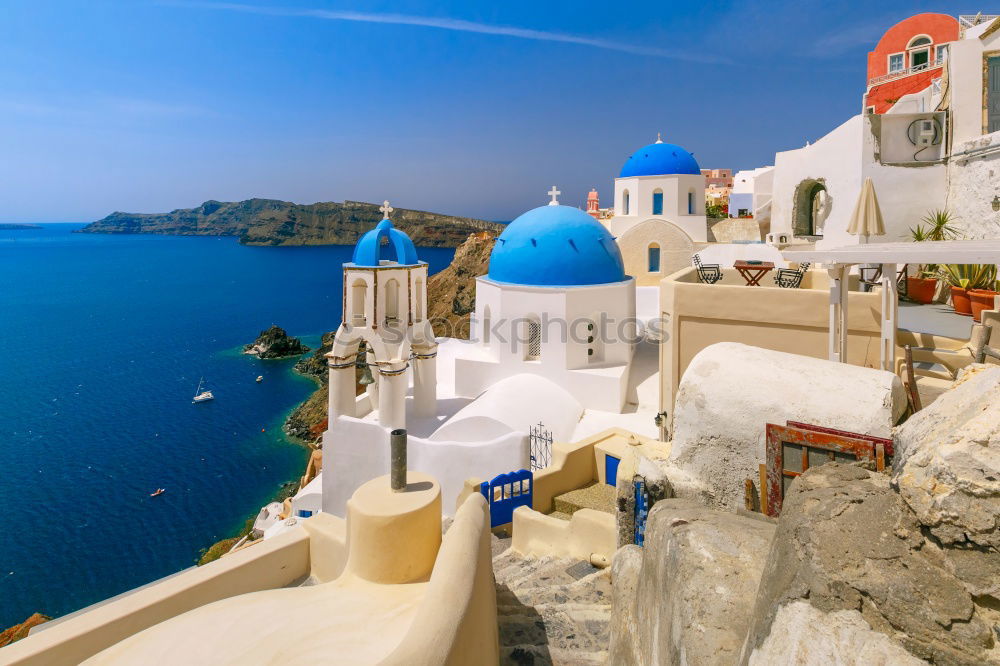 Similar – Image, Stock Photo View over the Greek island of Santorini with many houses and blue domed roofs