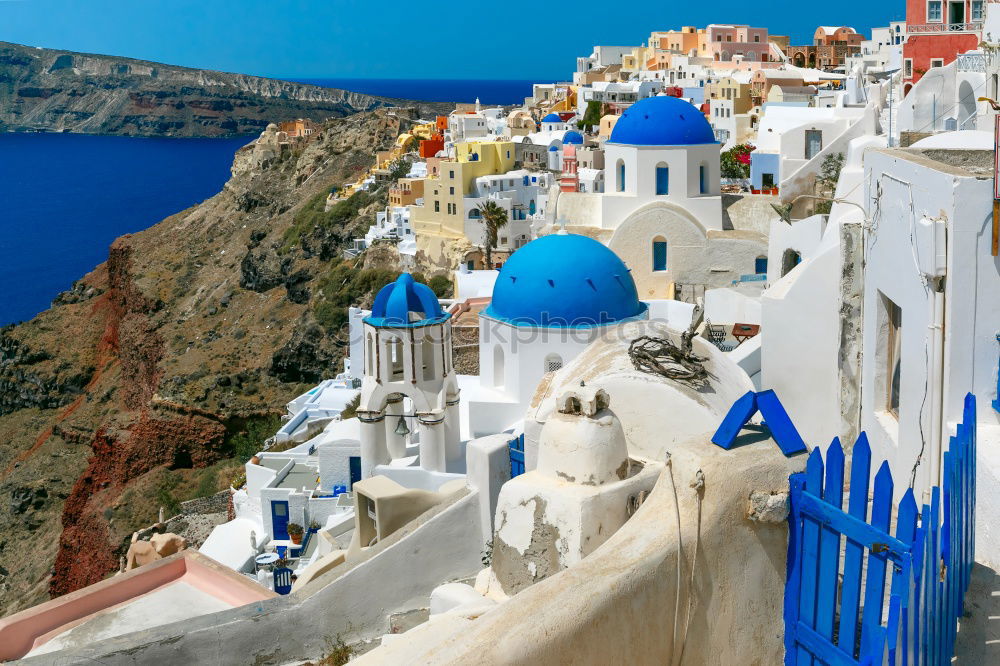 Similar – Image, Stock Photo View over the Greek island of Santorini with many houses and blue domed roofs