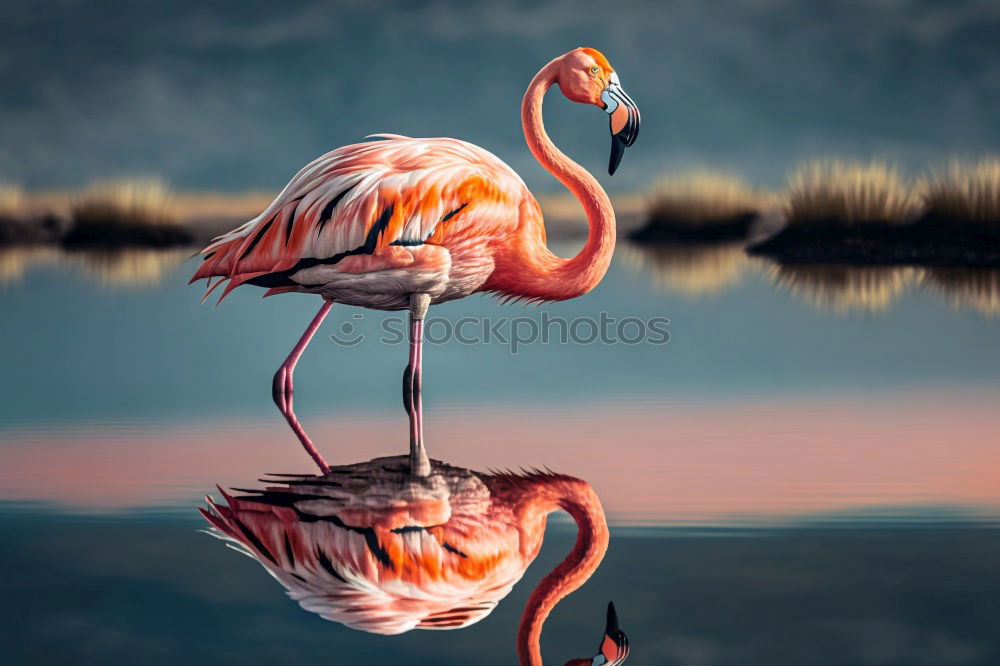 Image, Stock Photo 2 flamingos striding along the shore of a lake