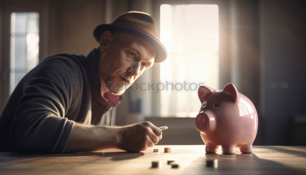 Similar – Unhappy man angry at his piggy bank