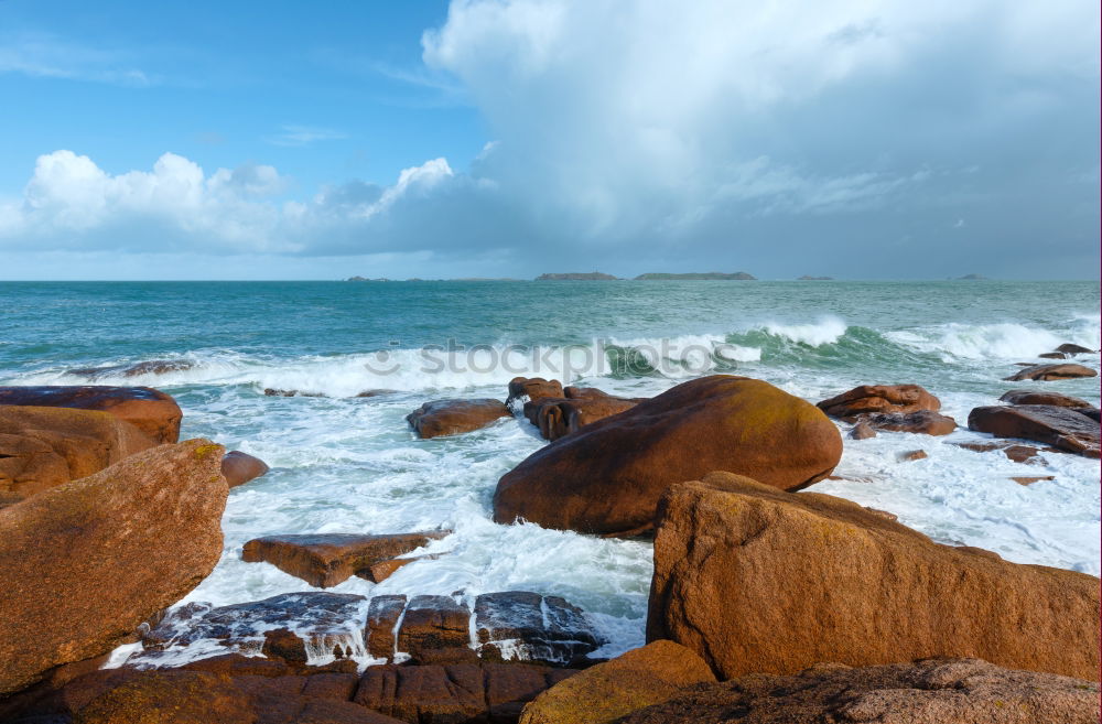 Similar – Image, Stock Photo Foaming surf on rocky coast, blue sky, clouds and high mountains in the background, Queensland / Australia . ,Lookout