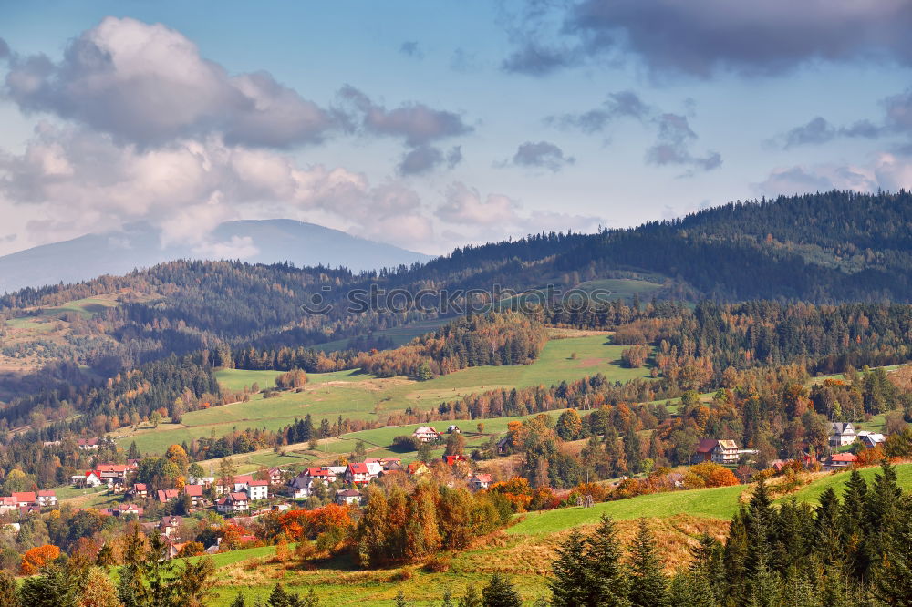 Image, Stock Photo Poland autumn hills. Sunny October day in mountain village