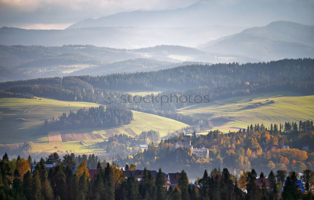 Similar – Image, Stock Photo Snow caped mountains and green fields and meadows