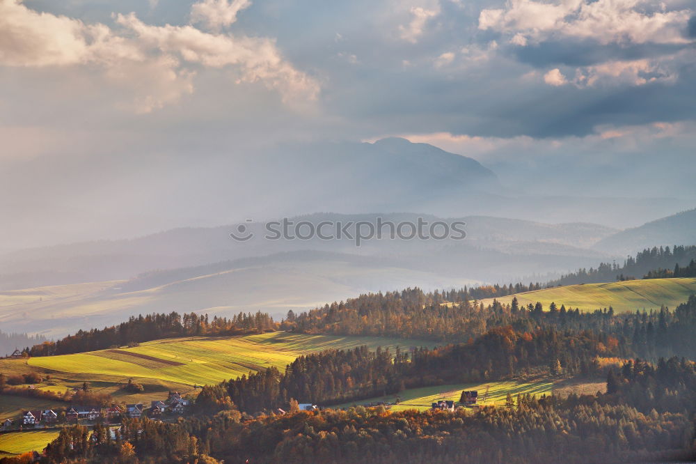 Image, Stock Photo Snow caped mountains and green fields and meadows