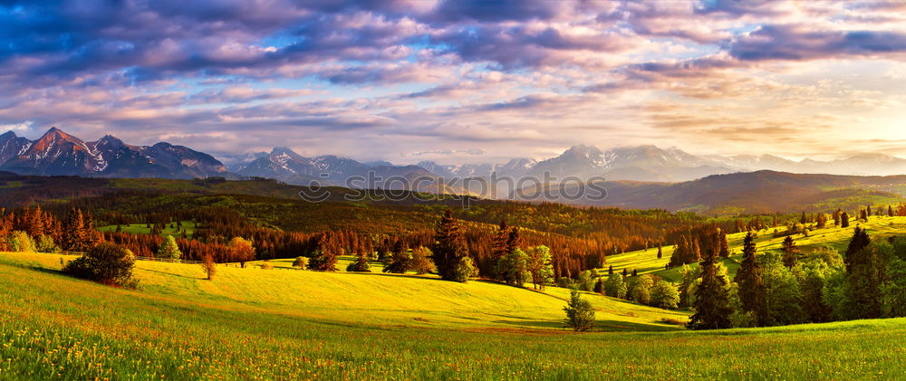 Similar – Tatra mountains panorama. Beautiful valley and cloudy sky