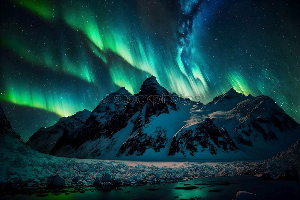 Similar – Norwegian mountain panorama with northern lights