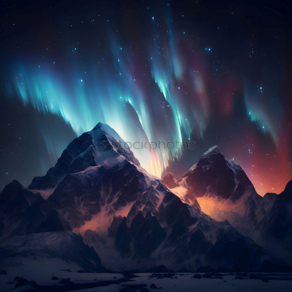 Similar – Norwegian mountain panorama with northern lights