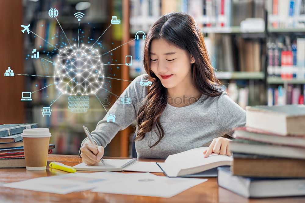 Similar – Image, Stock Photo Pretty woman writing at table