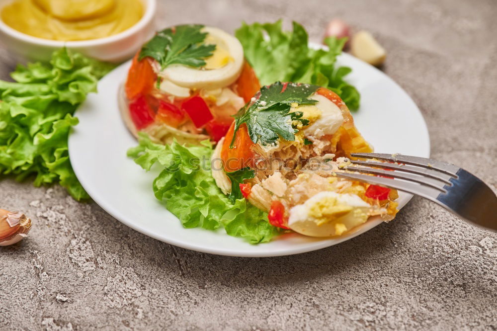 Similar – Image, Stock Photo Chicken salad with green mixed salad leaves