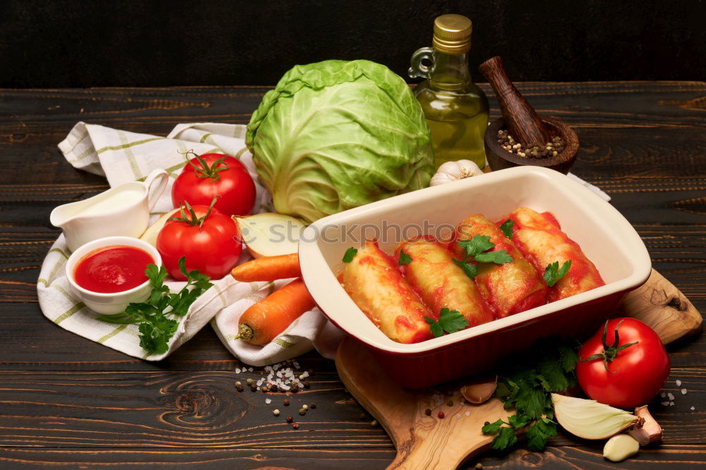 Similar – Whole wheat pasta, basil, tomatoes and garlic