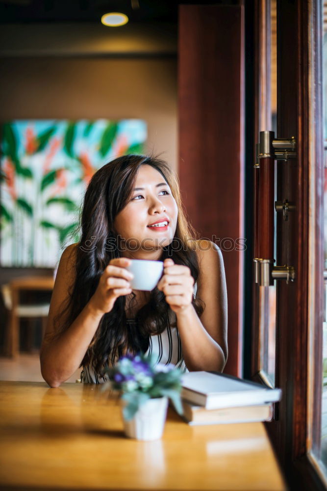 Similar – Image, Stock Photo Young brunette woman leaving a coffee bar