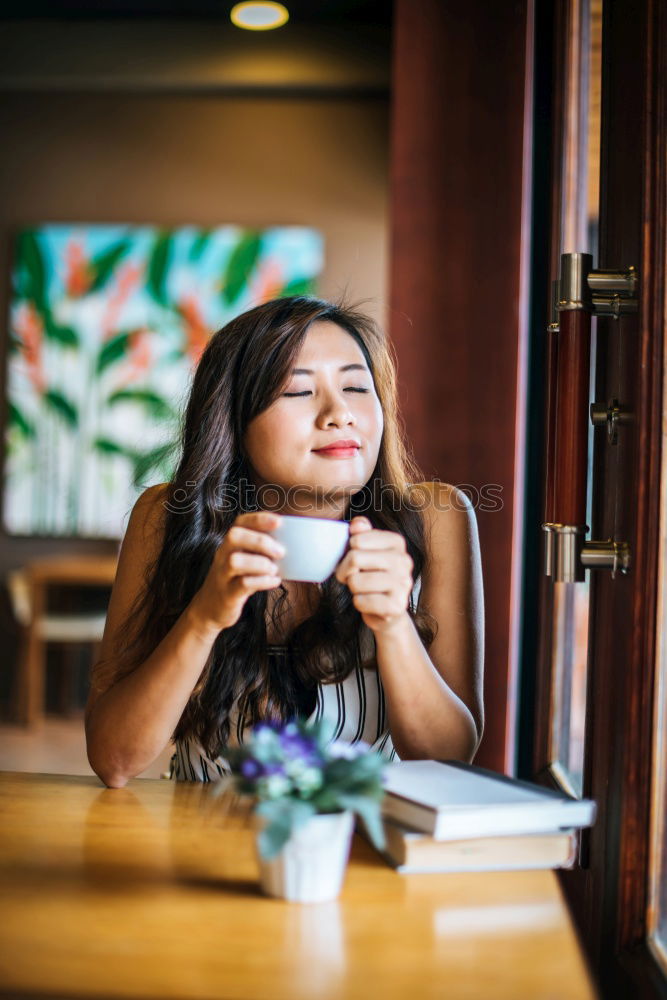 Similar – Image, Stock Photo Young brunette woman leaving a coffee bar