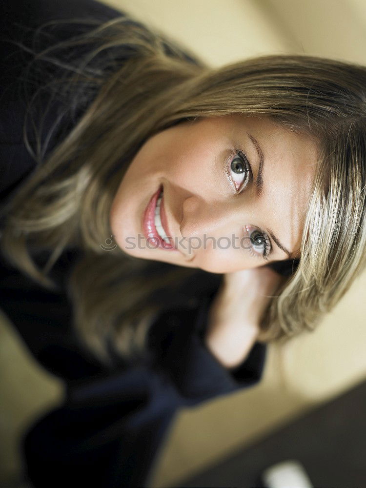 Similar – Side portrait of beautiful freckled blonde woman smiling at camera