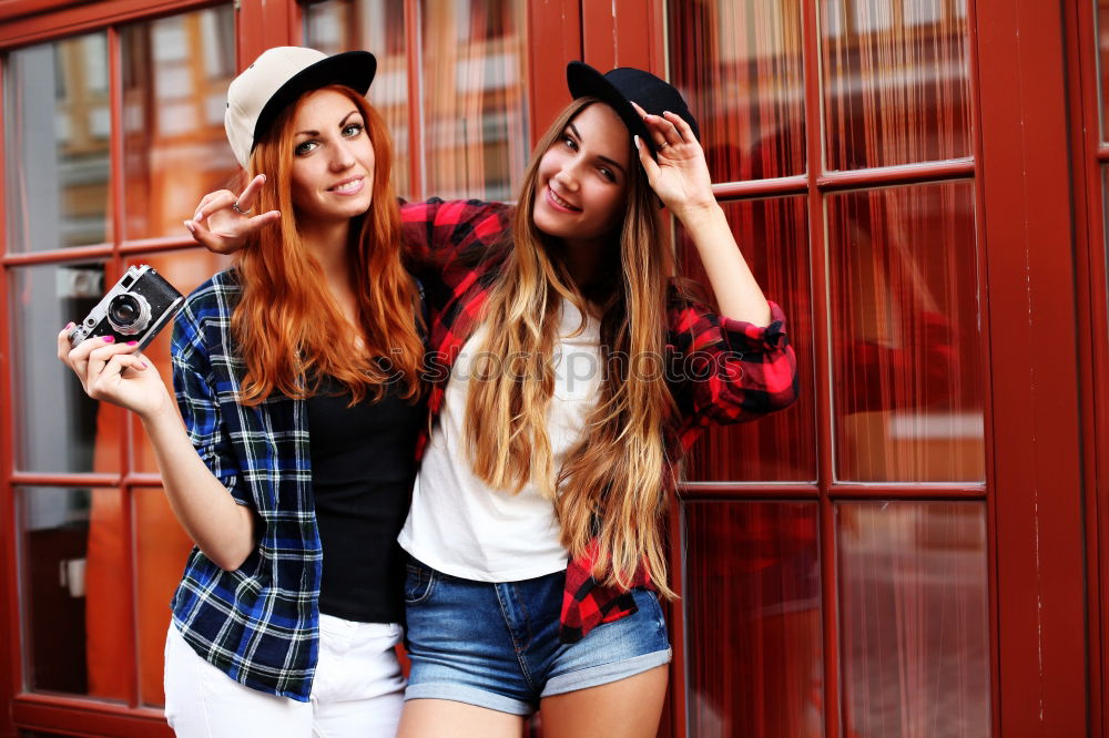 Similar – Image, Stock Photo Two girls sitting on the bench and smile