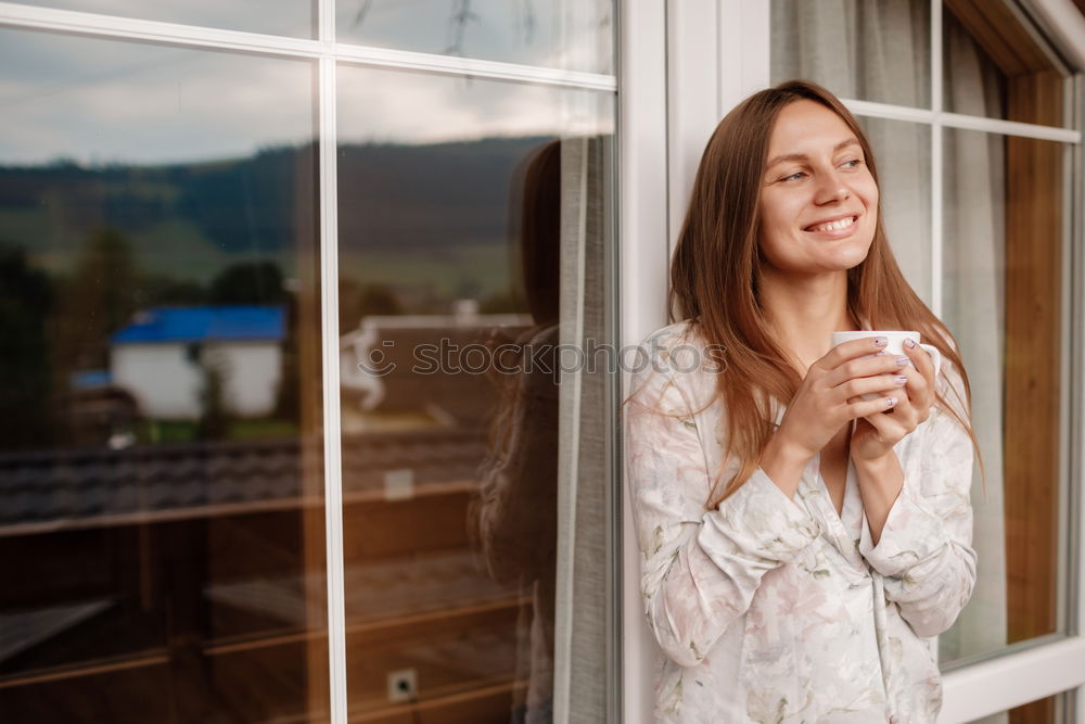 Similar – Image, Stock Photo Thoughtful blonde woman at window