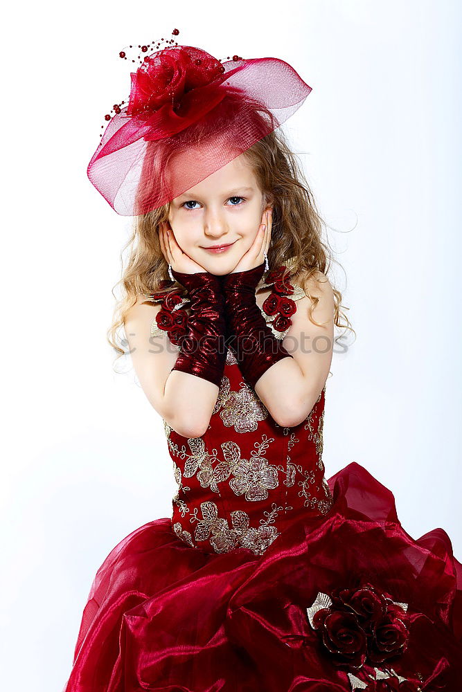 Image, Stock Photo Little playful, dreamy, pretty, beautiful, sweet, dressed up princess in pink, pink dress with tulle, stands at carnival, carnival as a spectator, visitors at the carnival procession in the street, on confetti and looks, watches, enjoys the party.