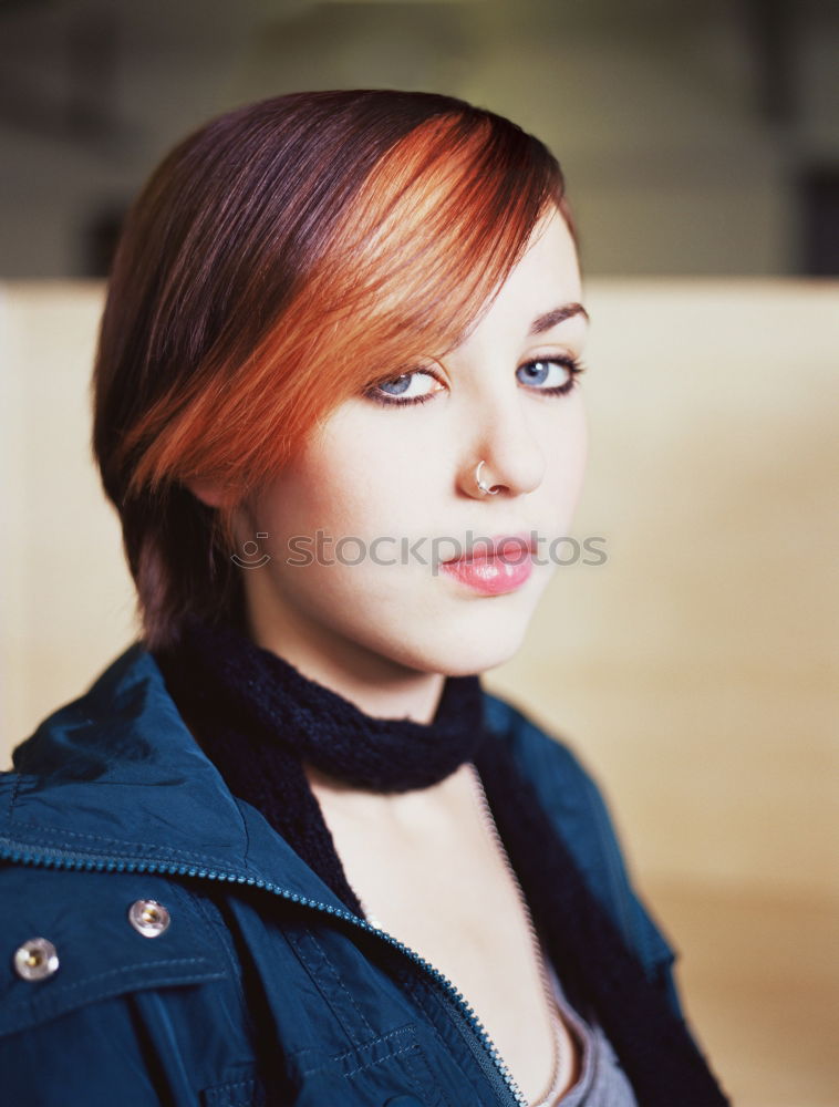 Similar – analog rectangular portrait of young woman with purple hair in front of green steel sheet wall