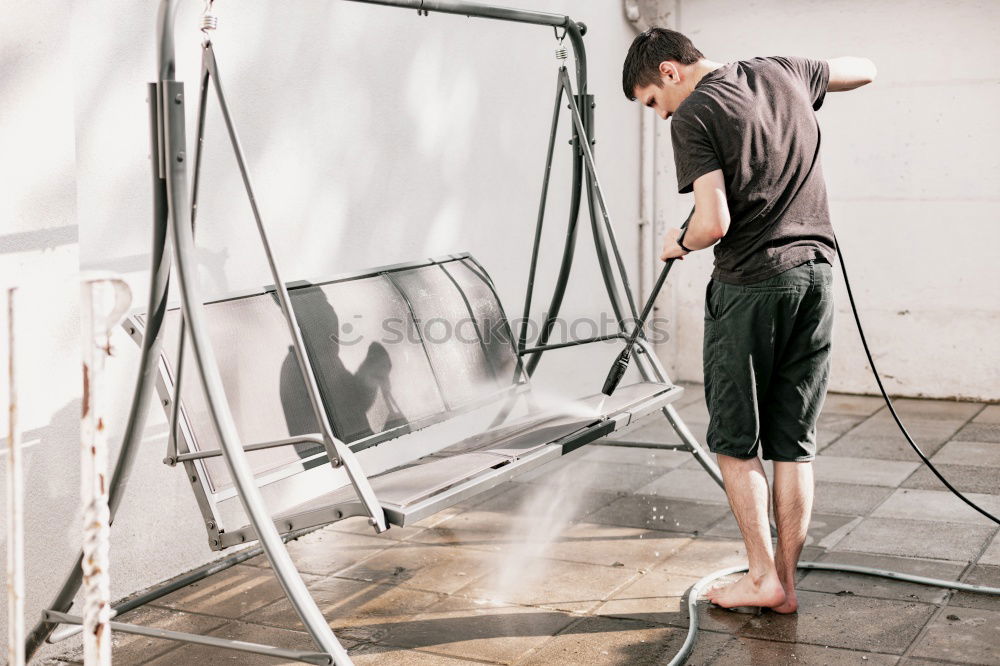 Similar – Image, Stock Photo Man in respirator measuring surf board in workshop