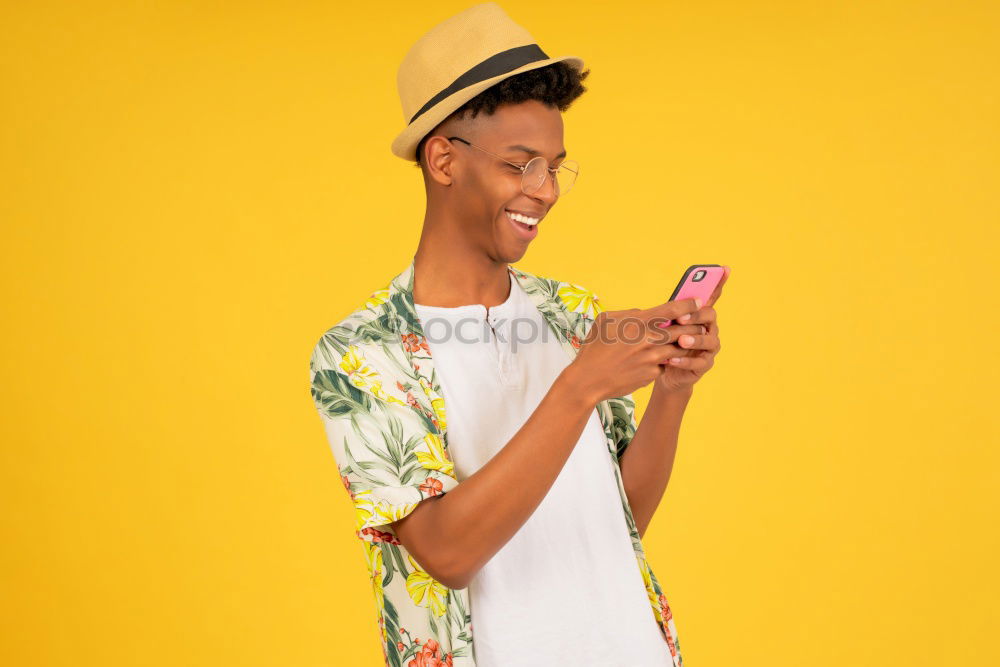 Similar – Image, Stock Photo Portrait of handsome afro man using his mobile.