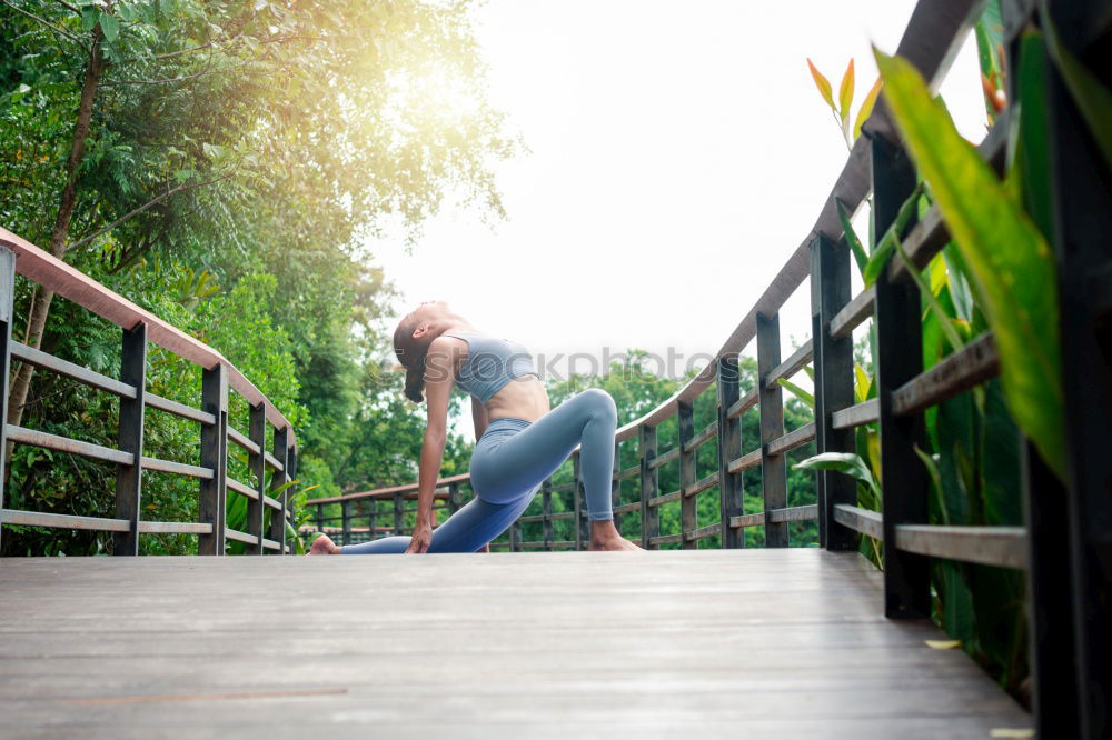 Similar – Image, Stock Photo Young, very athletic woman stands barefoot on a wooden bridge in the backlight in the woods and leans one leg on the railing in the dance pose she is doing. She has a belly top on and is barefoot.