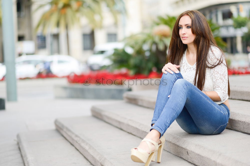 Similar – Beautiful young caucasian woman smiling outdoors