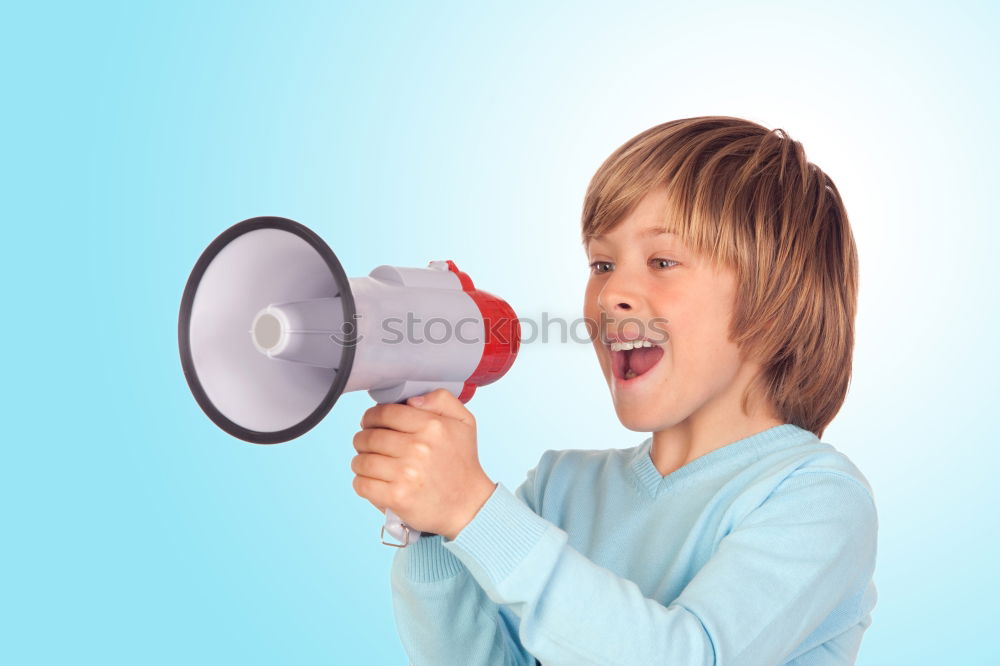 Similar – Image, Stock Photo Boy holding a sign on blue background