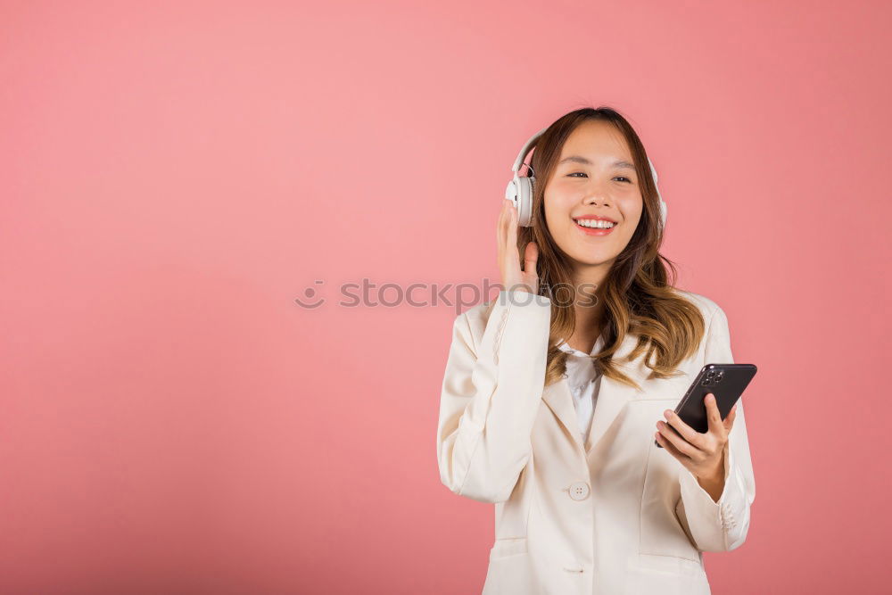 Similar – Image, Stock Photo Caucasian happy woman standing in living room using mobil phone