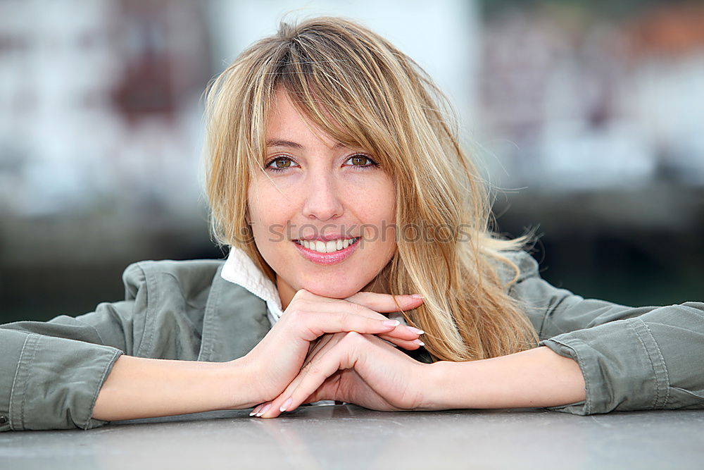 Similar – Side portrait of beautiful freckled blonde woman smiling at camera