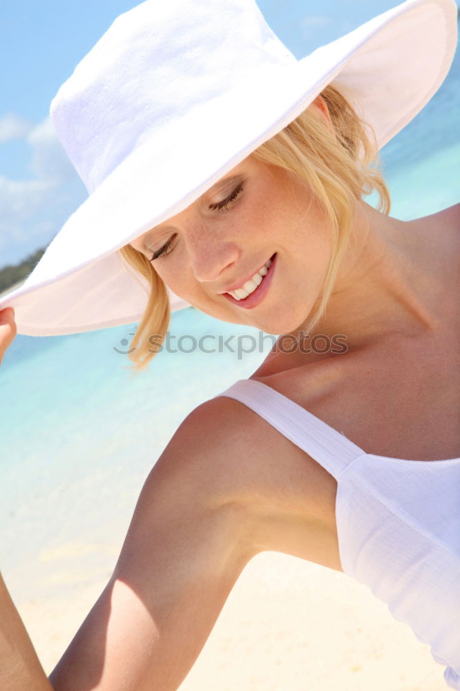 Similar – Image, Stock Photo Young Woman Portrait With White Beach Hat