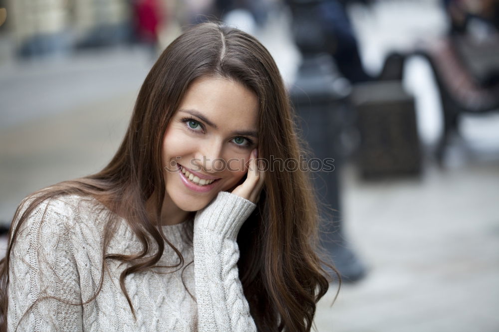 Similar – Beautiful young caucasian woman smiling outdoors