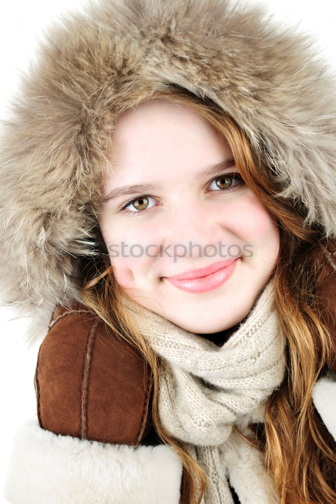 Similar – Portrait of young blonde woman in coat with fur