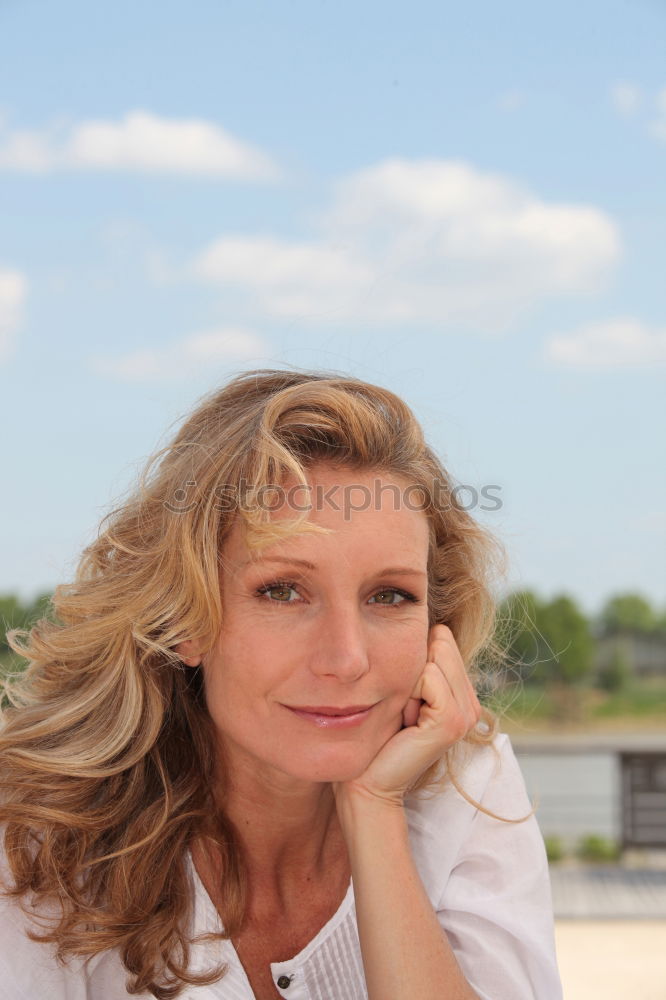 Similar – Image, Stock Photo side portrait of young beautiful redhead woman with freckles and curls
