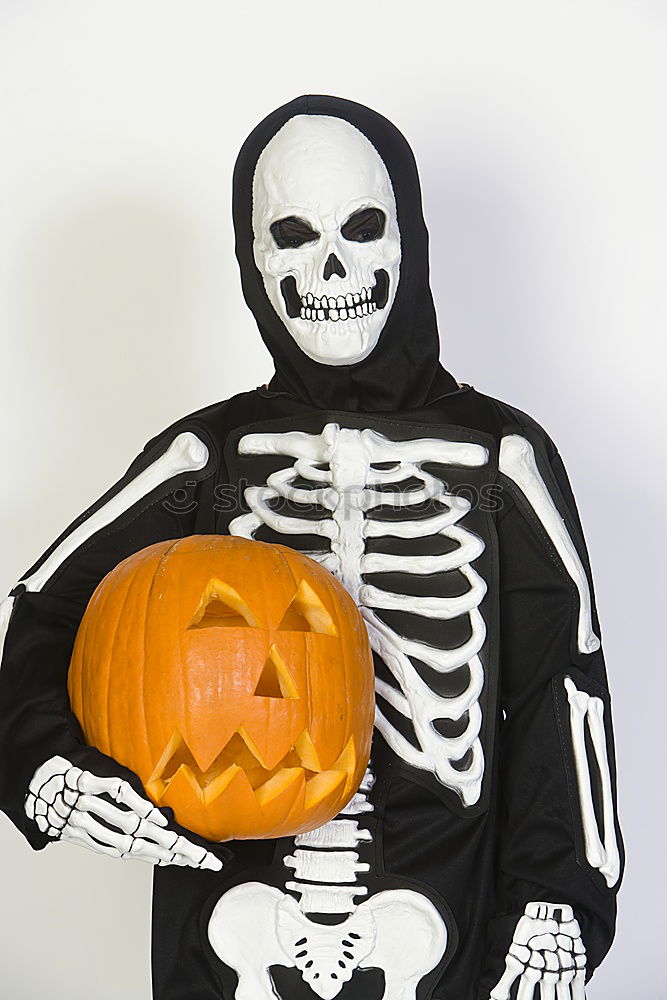 Similar – Image, Stock Photo Young boy in the Skeleton costume holding Halloween pumpkin